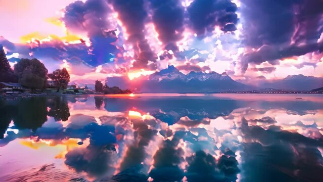 Sunset over Lake Lucerne, Switzerland, with reflection in the water, Bright sunset over lake Geneva, Switzerland, golden clouds reflect in the water, AI Generated