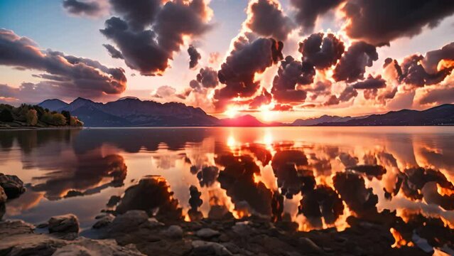 Beautiful sunset over Lake Wakatipu, Queenstown, New Zealand, Bright sunset over lake Geneva, Switzerland, golden clouds reflect in the water, AI Generated