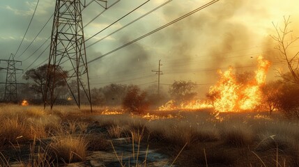 A park glade under power lines during a windy day, with dry grass igniting and creating a dangerous, fast-moving fire. - obrazy, fototapety, plakaty