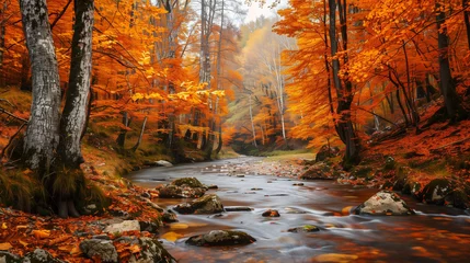 Fotobehang Autumn forest with river © Sajjad