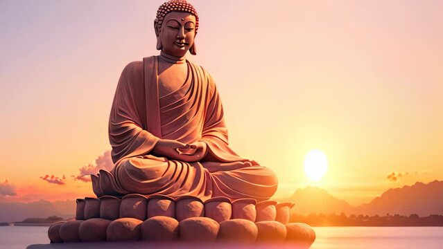 Buddha statue on the lotus position with sunset background, buddha statue in the sunset, AI Generated