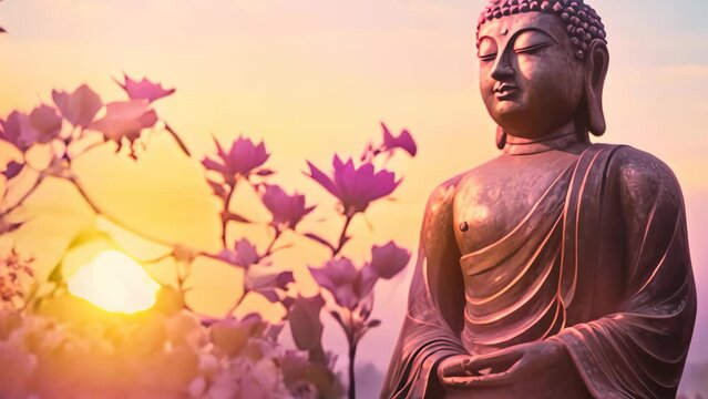 Buddha statue with sunset background, Buddha statue on sunset background, buddha statue in the sunset, AI Generated