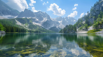 Fototapeta na wymiar A lake with mountains in the background 
