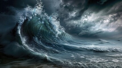A tsunami wave nearing the shore, with the ominous wall of water under a stormy sky. - obrazy, fototapety, plakaty