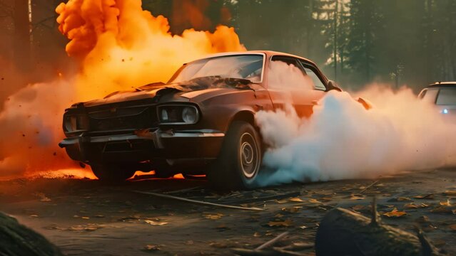 Burning car in the forest. Burning car in the forest. car accident, AI Generated