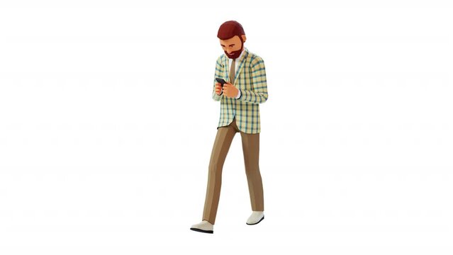 3d man in a checkered jacket typing text on a smartphone on the go. 3d looped animation with alpha channel.