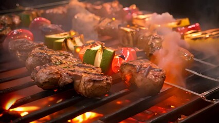 Barbecue with grilled meat and vegetables on grill, close-up, Closeup of barbecues cooking grilling on charcoal, top section cropped, AI Generated