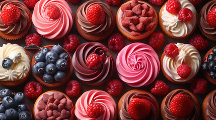 Set of different kinds of cupcakes with berries. background banner - obrazy, fototapety, plakaty