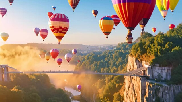 Colorful hot air balloons fly over the canyon. The concept of travel and tourism, Clifton Suspension Bridge with hot air balloons in the Bristol Balloon Fiesta in August, AI Generated