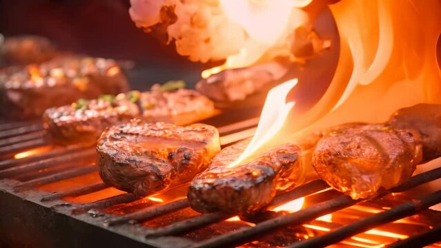 Beef steaks on a barbecue grill with flames in the background, Closeup of barbecues cooking grilling on charcoal, top section cropped, AI Generated