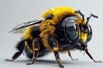 A bee is seen up close on a plain white background. The bees intricate wings, fuzzy body, and striped abdomen are clearly visible. It appears to be actively moving around - obrazy, fototapety, plakaty