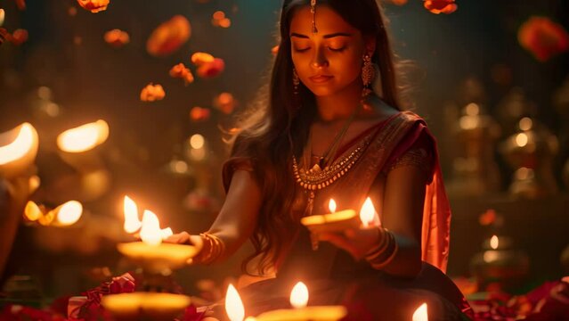 Beautiful indian woman with diwali diya and burning candles, Diwali Hindu festival of lights celebration, AI Generated
