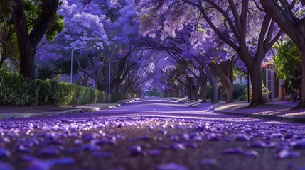 Foto op Canvas a Purple covered street of Jacarandas in full bloom. The trees are covered in the purple petals and some of them have fallen in the road © Sajjad