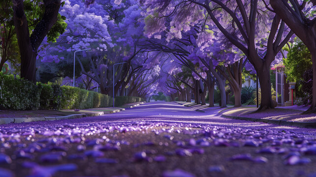 a Purple covered street of Jacarandas in full bloom. The trees are covered in the purple petals and some of them have fallen in the road