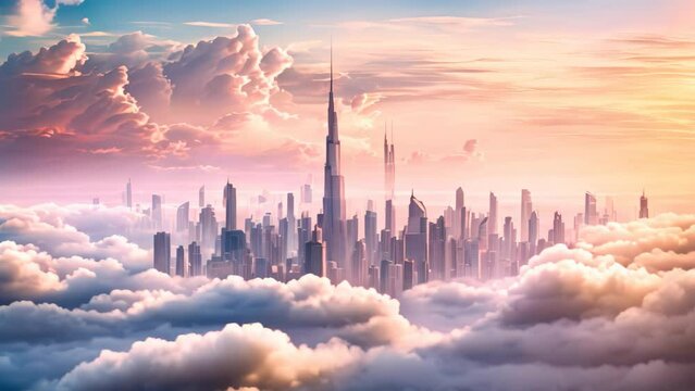 Fantasy city in the clouds. 3D render of a futuristic city, Dubai sunset view of downtown covered with clouds, AI Generated