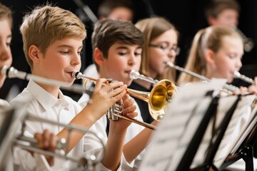 Talented Young Musicians Performing in a School Band with a Variety of Instruments Under Stage...