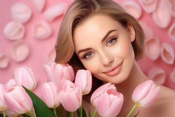 Obraz na płótnie Canvas Smiling young lady hug bouquet of pink tulips to chest, looks at empty space, enjoy spring holiday, isolated on pink background, studio. Gift to women day, congratulation, anniversary, date