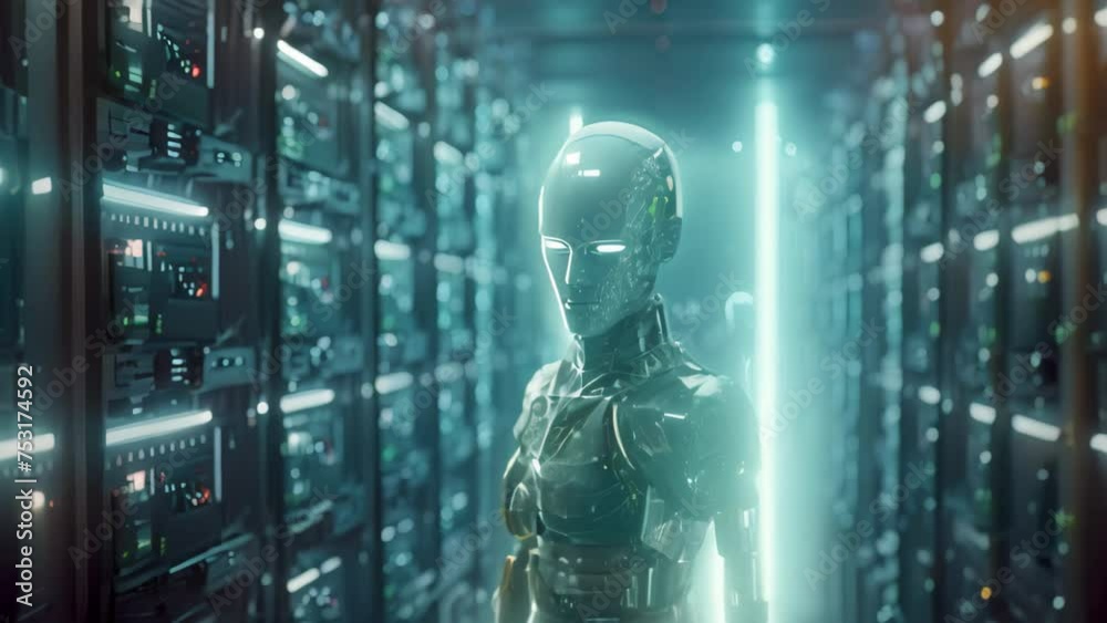 Poster 3d rendering humanoid robot working in server room with binary code on screen, futuristic illustrati
