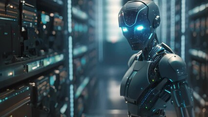 3D rendering humanoid robot working in server room with circuit board background, Futuristic illustration of an AI robot on a blurry server room background, AI Generated - Powered by Adobe
