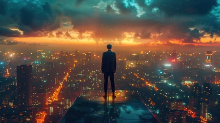 Deurstickers A man is standing on the edge of a high-rise building, overlooking the city below. He appears confident and calm as he looks out at the urban landscape © lublubachka