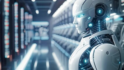 3d rendering humanoid robot in data center or server room with circuit board, Futuristic illustration of an AI robot on a blurry server room background, AI Generated - Powered by Adobe