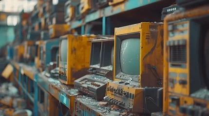  A photo of a row of old desktop computers on a metal shelf in a dusty, abandoned factory. The computers are various shapes and sizes, and some have missing components. © eaglesky