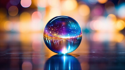 A blurry image captures a shiny crystal ball with an abstract blurry colorful pattern, offering a mesmerizing and ethereal visual effect.