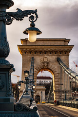 Wonderful Chain Bridge, famous landmark in the city of Budapest, Hungary, suspended over Danube...