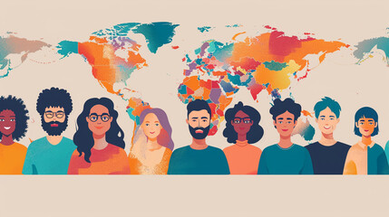 Diverse figures on a world map backdrop—minimalist art celebrating global unity and cultural richness.