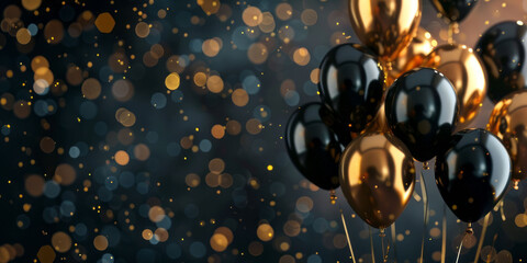Luxury background with a golden and black balloons on a bokeh background with a plce for text. AI generative