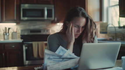 Stressed Young Woman looking at papers and bills with stressful face, Managing Finances with Laptop in Kitchen. Household budget, tax issue , late fees and penalties concept. - obrazy, fototapety, plakaty