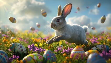 Illustrastion of cute Easter bunny jumps among colorful Easter eggs on a green lawn