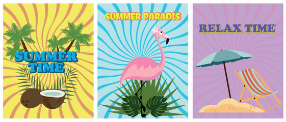 Summer collection of cards. Flat and colorful design. Bright flamingos, tropical foliage, palm trees, a sun lounger with an umbrella and a delicious cocktail. Embodies the spirit of summer fun.