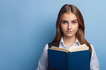 Cute girl holding blu English book on blue background. Speak english and learn language concept