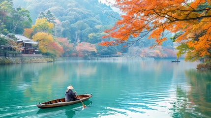 Boatman punting the boat at river. arashiyama in autumn season along the river - obrazy, fototapety, plakaty