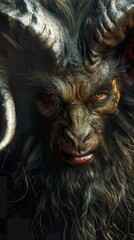 Representation of a grotesque demon with donkey features and goat horns in an aura of terror and malice. Demon with burning eyes and a chilling sinister presence.