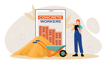 Concrete worker concept. Woman in uniform near smartphone with bricks and wheelbarrow with sand. Construction and engineering, architecture. Builder with equipment. Cartoon flat vector illustration