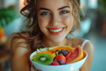 Smiling beautiful woman holding a bowl of fruit salad, Vitamin C fruits with a bright smile, Vitamin C antioxidants, strengthens immune and promotes healthy skin. - obrazy, fototapety, plakaty
