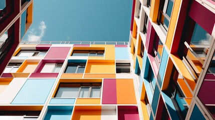 Obraz premium A colorful geometric building with vibrant ornamentation and windows on the wall stands out in the cityscape, offering a dynamic architectural element.