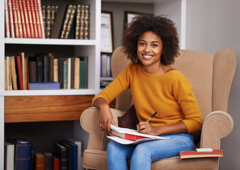 Woman, portrait and library studying with books for scholarship education for university degree,...