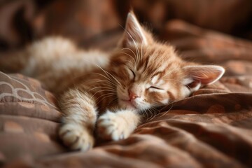 Ingelijste posters mocha mousse color , a small, fluffy kitten peacefully sleeps on top of a neatly made bed, curled up into a comfortable ball. Its tiny paws are tucked under its chin