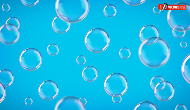 Vector realistic illustration of soap bubbles on a blue background.