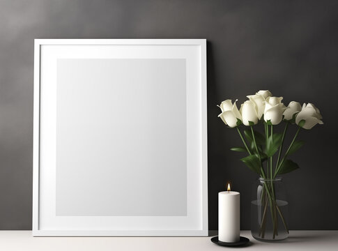 white picture frame white roses white candles gray background copy space