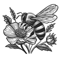 bee collects pollen for honey pollinating blooming flower, showcasing detailed line art sketch engraving generative ai vector illustration. Scratch board imitation. Black and white image.
