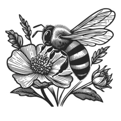 Foto op Aluminium bee collects pollen for honey pollinating blooming flower, showcasing detailed line art sketch engraving generative ai vector illustration. Scratch board imitation. Black and white image. © Oleksandr Pokusai