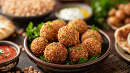 Plate of Falafel with sauces and bread.