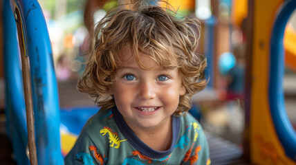 A young boy with curly hair smiling at a playground.