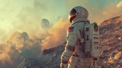 Photo sur Plexiglas Nasa An astronaut in a space suit exploring a distant planet's surface, futuristic space exploration concept, alien landscape. Resplendent.