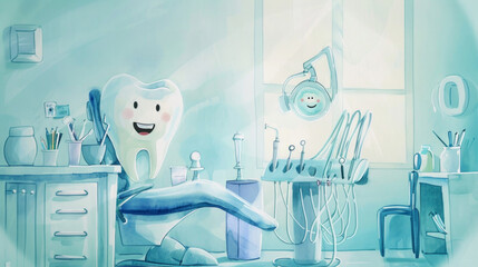 Happy Tooth Character in Dental Office Illustration