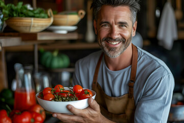 Smiling man holding a white bowl showing of tomatoes and pumpkin seeds with glass of tomato juice were placed nearby, pumpkin seeds, lycopene from tomatoes support prostate health, men health concept.